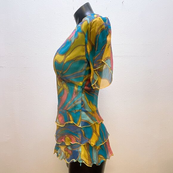 Janice Jaraicie Nelli Colorful 100% Silk V-Neck Ruffled Blouse Top L - Picture 3 of 6